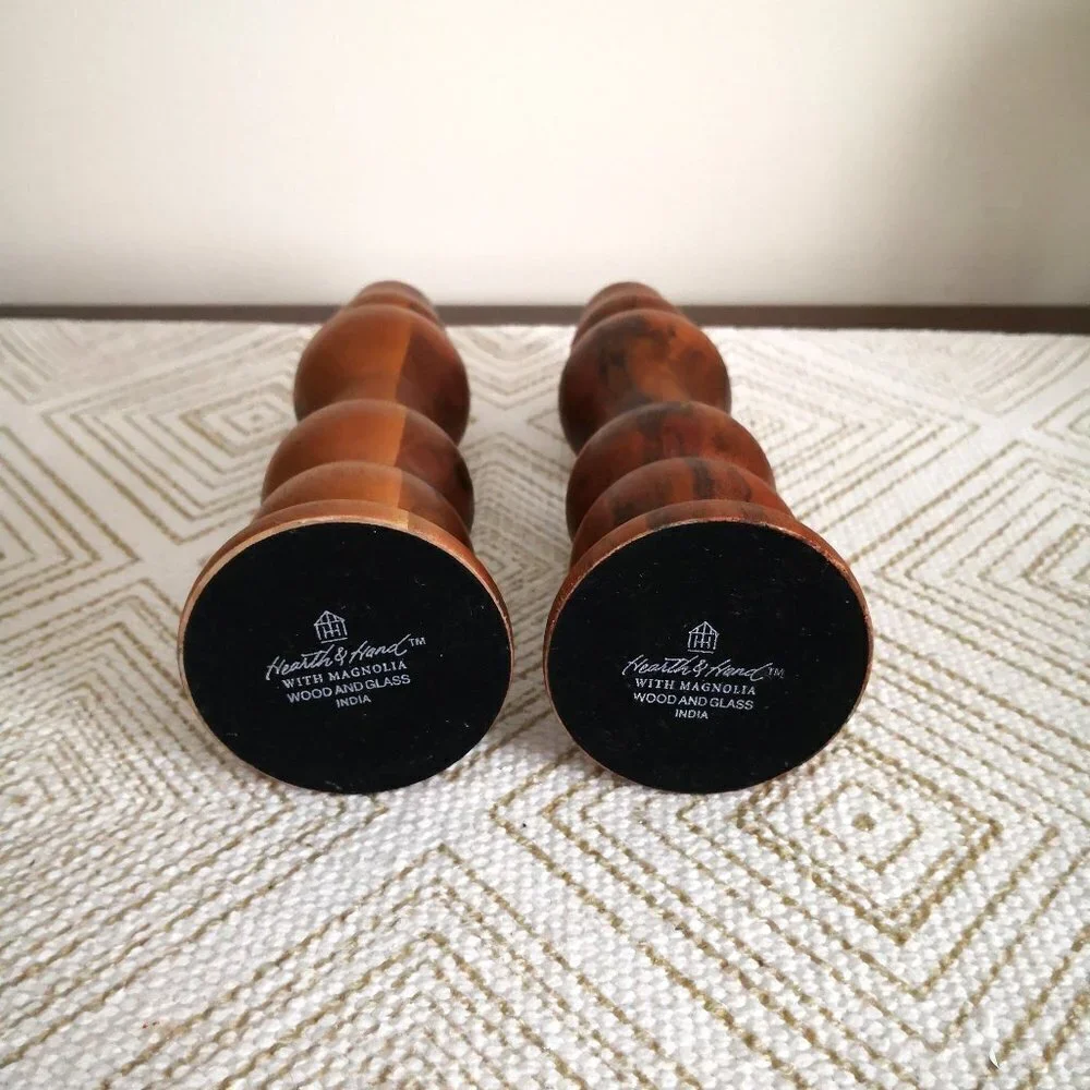 Pair‎ of Hearth & Hand Magnolia Joanna Gaines Wood Hand Turned Candleholders 9